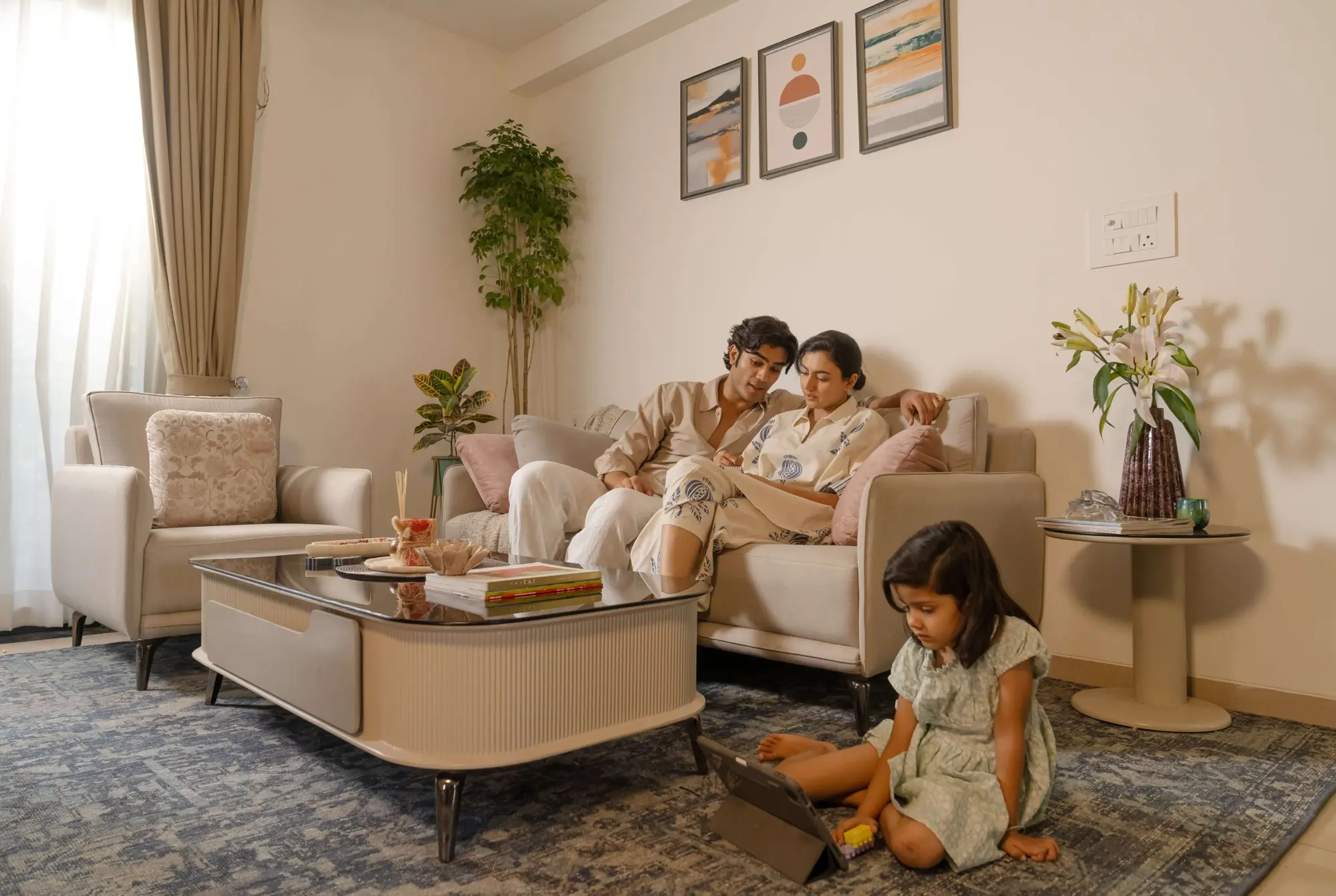 A family relaxing in a bright living room